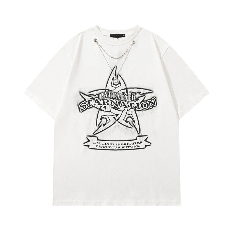 Men T Shirt Fashion Brand Five-Pointed Star Printed Necklace Short Sleeve T-shirt Men and Women