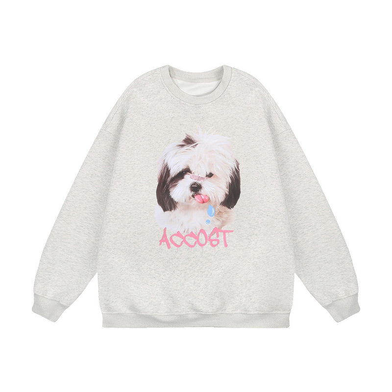 Men Hoodie Loose Sweater Men's Hip Hop Animal Dog Printed round Neck Long Sleeve Pullover