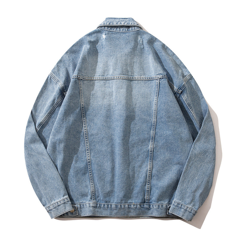 Men Denim Jacket Washed and Worn Denim Jacket Men Vibe Casual Denim Baggy Coat