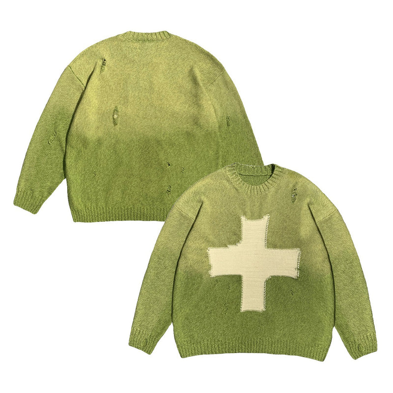 Kapital Sweater Vintage Hida and Macro Cross Ripped round Neck Knitted Pullover Long Sleeve Sweater