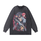 Men Long Sleeve Shirt Cartoon Anime Print Vintage Long Sleeve T-shirt Men and Women Washed Distressed
