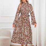 Jungle Print Maxi Dress Stand Collar Thin Band Dress Leopard Print