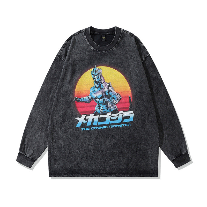 Men Long Sleeve Shirt Fun Printing Washed and Worn Long Sleeve T-shirt Men and Women Hip Hop