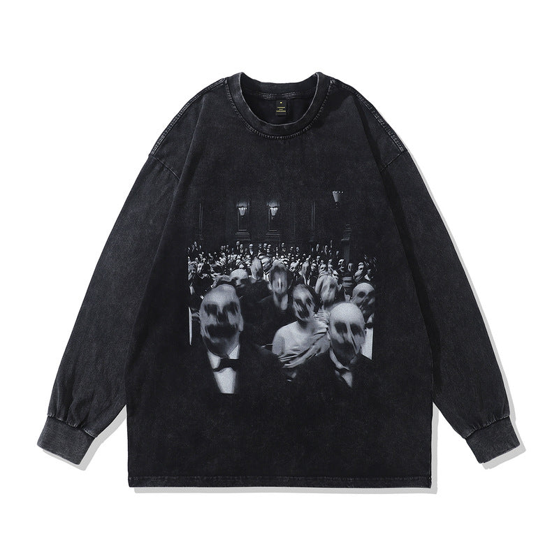 Men Long Sleeve Shirt Vintage Washed Long Sleeve T-shirt West Coast Hiphop Sweater Men