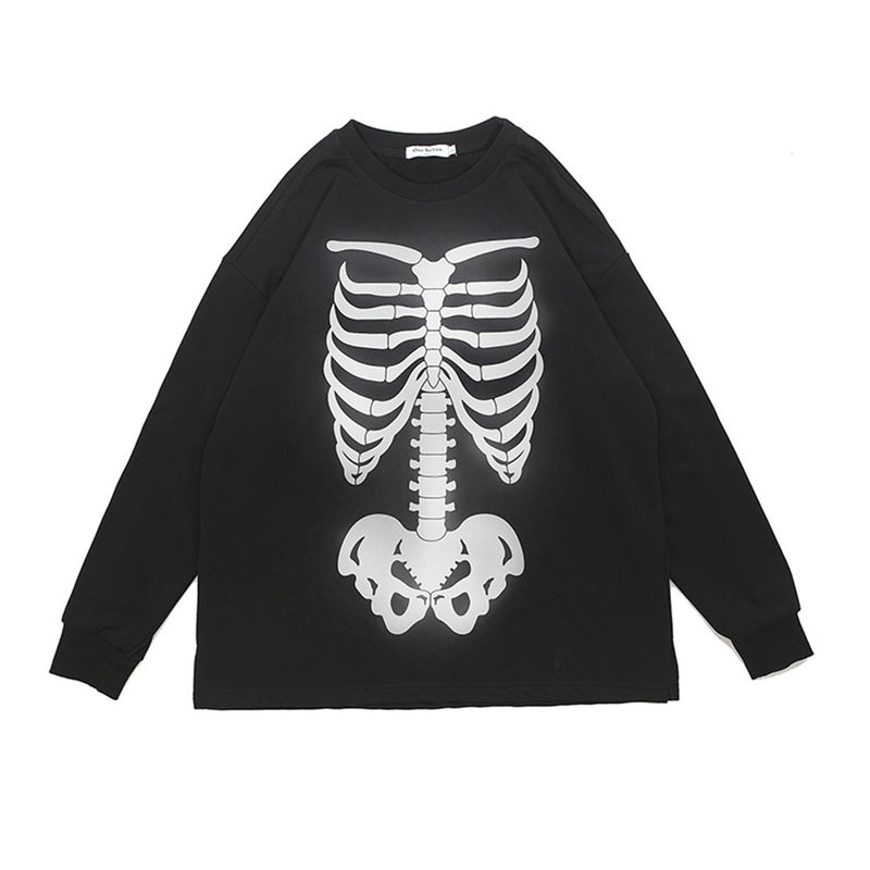 Men Hoodie Dark Style Skeleton Reflective Printed Sweater Men's Loose round Neck Long Sleeve