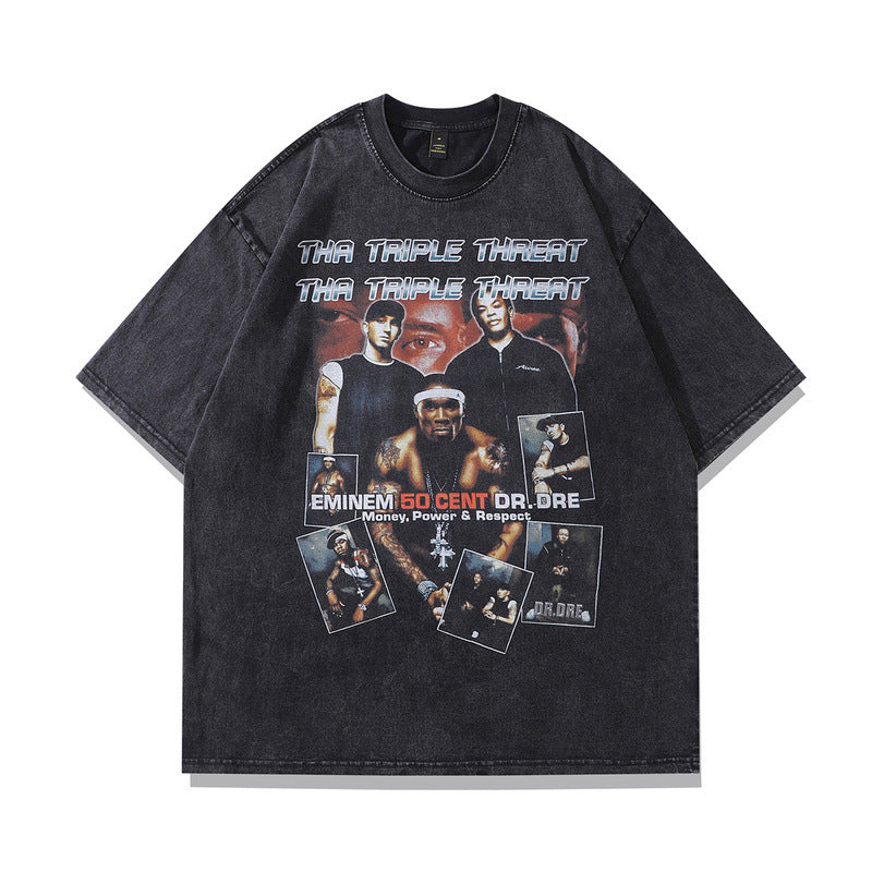 Men T Shirt Vintage Portrait Printing Distressed Short-Sleeved T-shirt Men's Loose