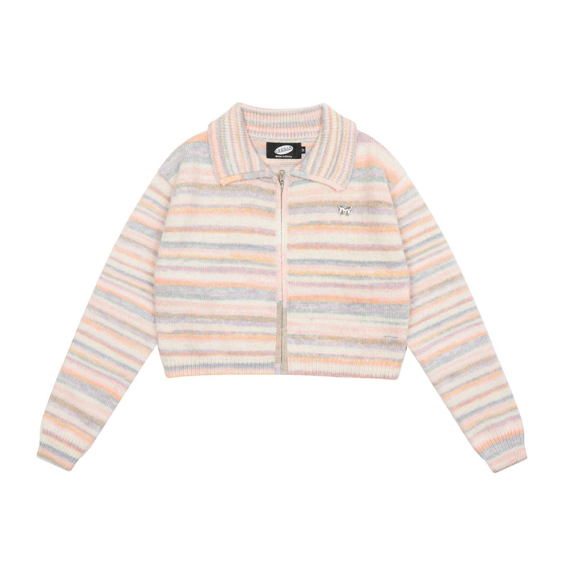 Women Sweater Color Block Knitted Cardigan Lapel Short Sweater