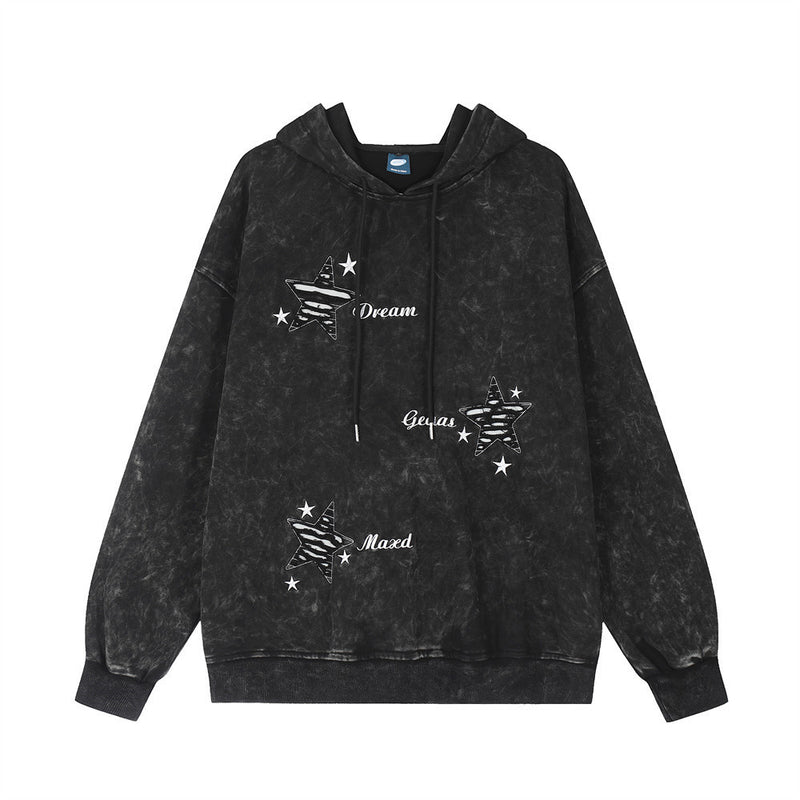Men Hoodie Hole Five-Pointed Star Embroidered Hoodie