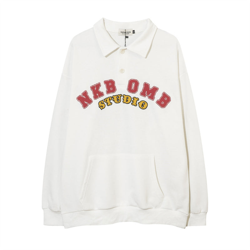 Men Hoodie Heart-Shaped Cartoon Character Printing Lapel Sweatshirt Loose Long Sleeve Half-Open Collar Pullover