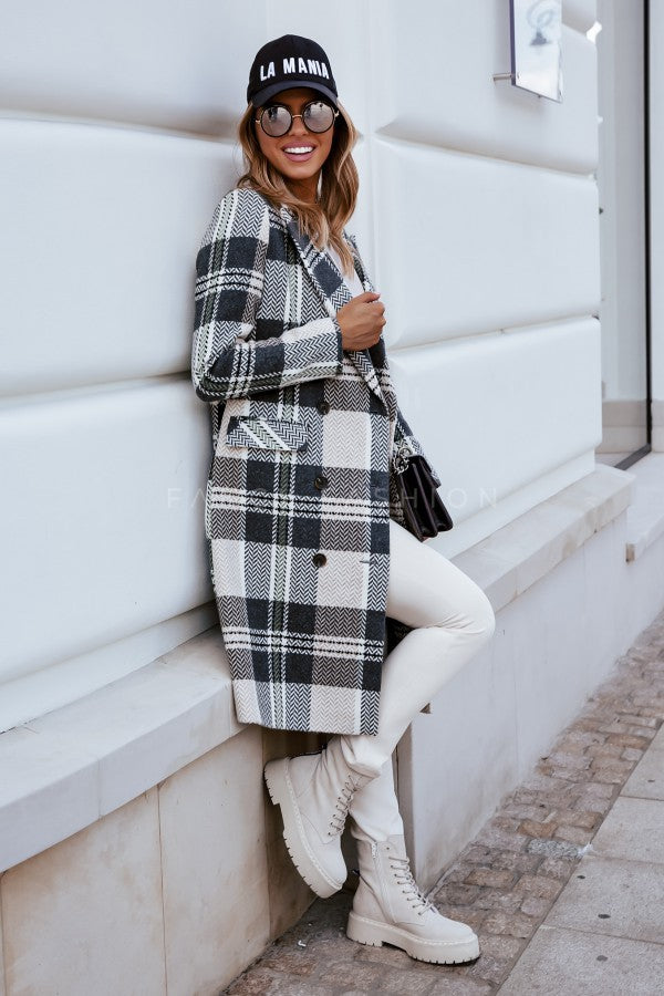 Women Coat Fashion Plaid Woolen Coat