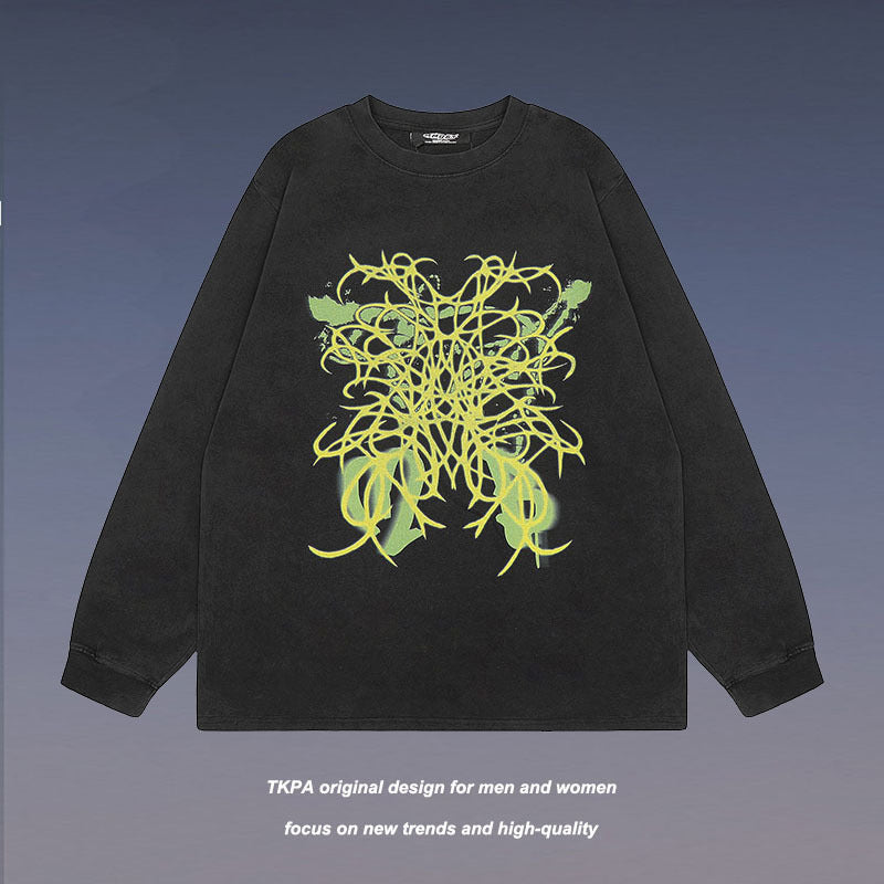 Men Long Sleeve Shirt Vintage Graffiti Printing Washed Long Sleeve Bottoming T-shirt for Men and Women