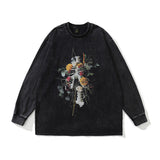 Men Long Sleeve Shirt Retro Worn Looking Washed-out Long Sleeve T-shirt Men's Loose Couple