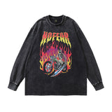 Men Long Sleeve Shirt Skull Print Washed Long Sleeve T-shirt for Men and Women