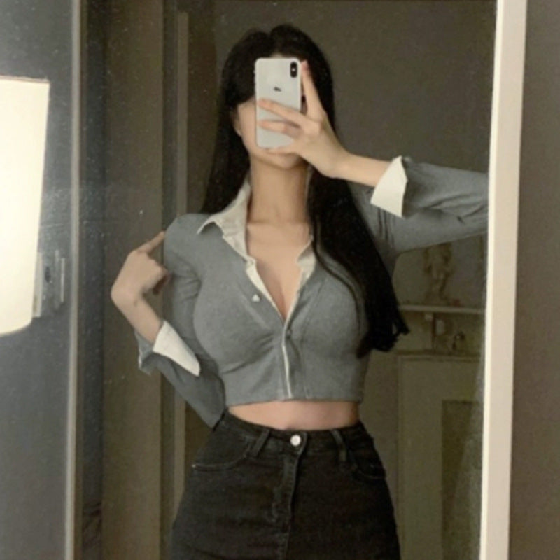 Women Long Sleeve Shirt Short Design Patchwork Top