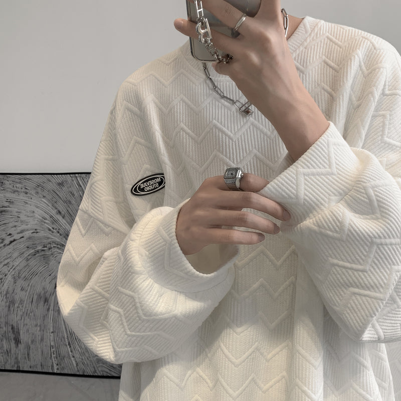 Men Hoodie Waffle Sweater Men's Spring and Autumn Couple Trendy Brand Loose round Neck