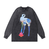 Men Long Sleeve Shirt Cartoon Anime Print Vintage Long Sleeve T-shirt Men and Women Washed Distressed