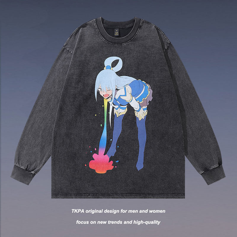 Men Long Sleeve Shirt Printed Long Sleeve Bottoming T-shirt Men and Women Distressed Vintage