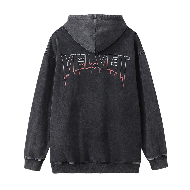Men Hoodie Dark Character Printed Hoodie Washed Make Old Ripped Loose Hoodie