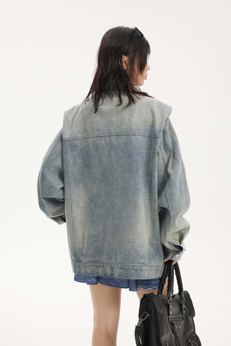 Unisex Jacket Autumn Washed Padded Shoulder Denim Coat Women's Clothing