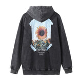 Men Hoodie Sunflower Flower Printed Hoodie Loose Washed-out Distressed Worn Hoodie
