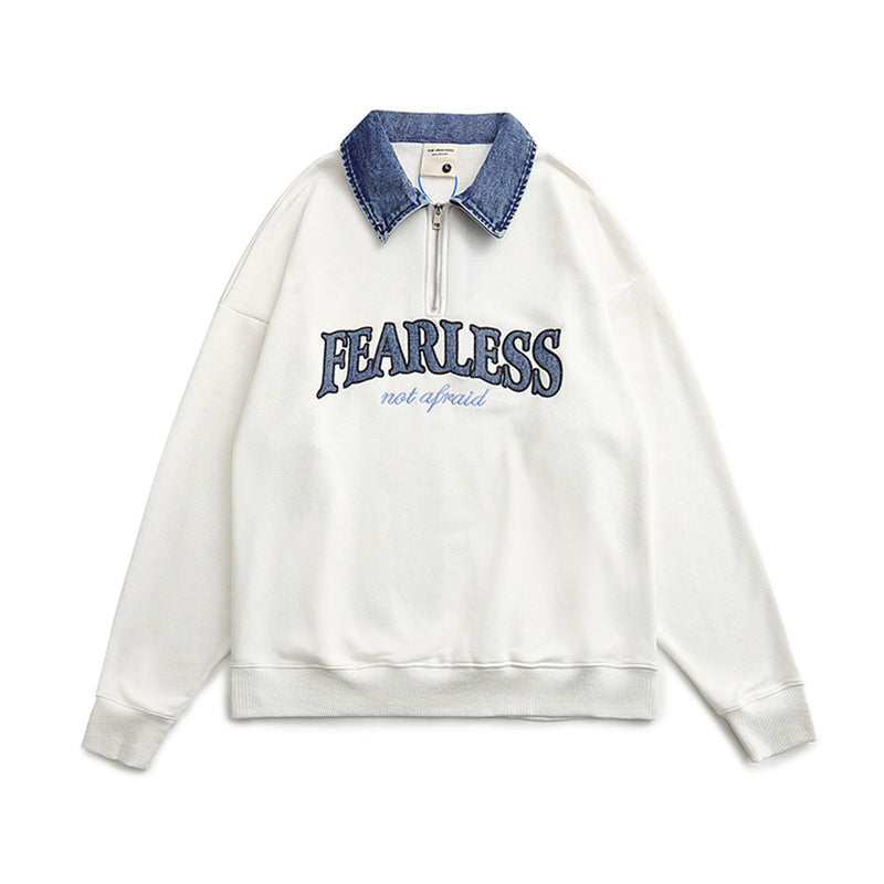 Men Hoodie Denim Hoodie Men's Loose Street Letter Long Sleeve Polo Shirt