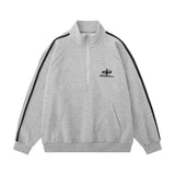 Men Hoodie Zipped Stand Collar Sweater Spring and Autumn Loose Raglan Long Sleeve Striped Stitching Sports Turtleneck Pullover
