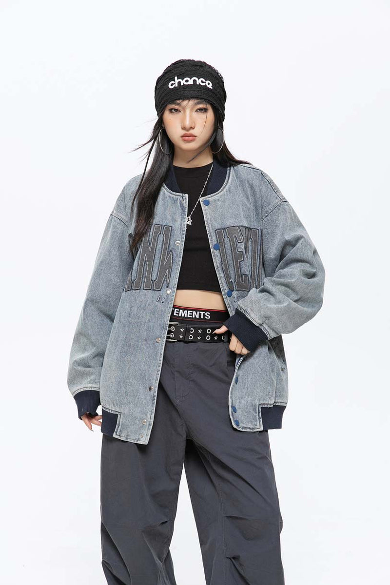 Unisex Jacket Fall Stand Collar Stitching Denim Jacket Women's Clothing