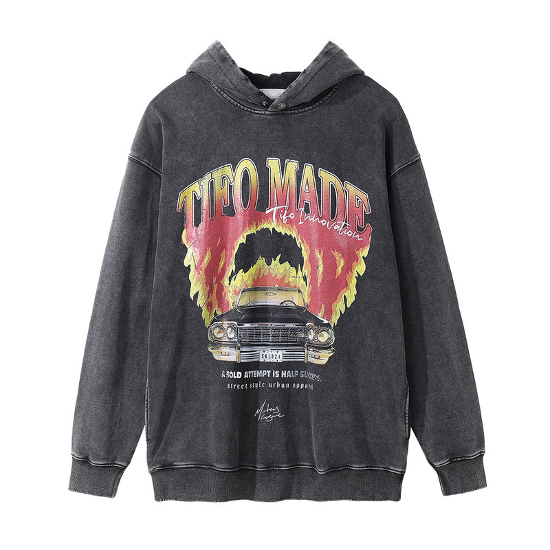 Men Hoodie Flame Car Printed Hoodie Loose Leisure Pullover Hoodie Washed and Worn out