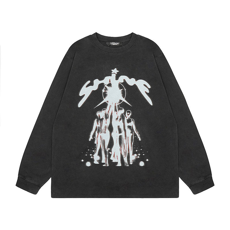 Men Long Sleeve Shirt Vintage Printed Wash Long Sleeve Bottoming T-shirt Men and Women All-Matching Top