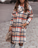 Plaid Trench Coat Winter Coat Women's Long Sleeve Checked Woolen Coat Casual
