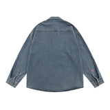 Men Long Sleeved T Shirt Cartoon Embroidered Washed Denim Shirt Coat Spring and Autumn Loose Long Sleeve Shirt