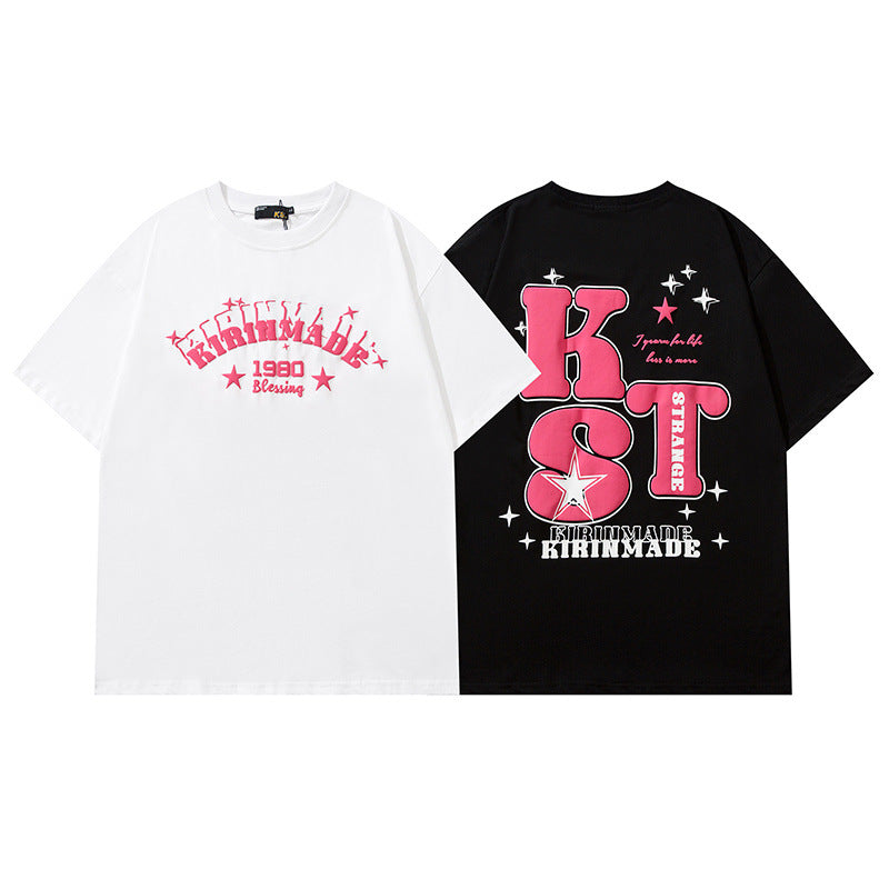 Men T Shirt Letter Print Short-Sleeve T-shirt Loose Men and Women Casual