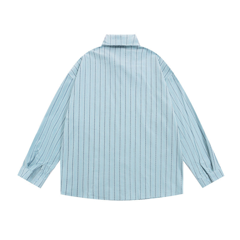 Men Long Sleeved T Shirt Cartoon Vertical Striped Long Sleeve Shirt Boys Casual Loose Lapels Shirt Ins Spring and Autumn