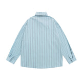 Men Long Sleeved T Shirt Cartoon Vertical Striped Long Sleeve Shirt Boys Casual Loose Lapels Shirt Ins Spring and Autumn