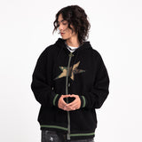 Men Fleece Lined Hoodie Zipper Cardigan Sweater Coat Men's Loose Five-Pointed Star Embroidered Hoodie