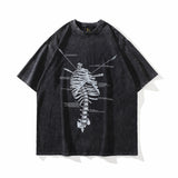 Men T Shirt Retro Washed Distressed Anime Print Short Sleeve T-shirt Loose