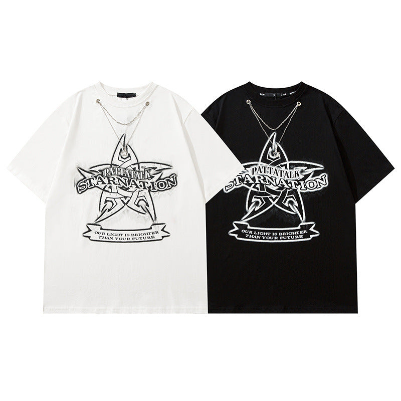 Men T Shirt Fashion Brand Five-Pointed Star Printed Necklace Short Sleeve T-shirt Men and Women