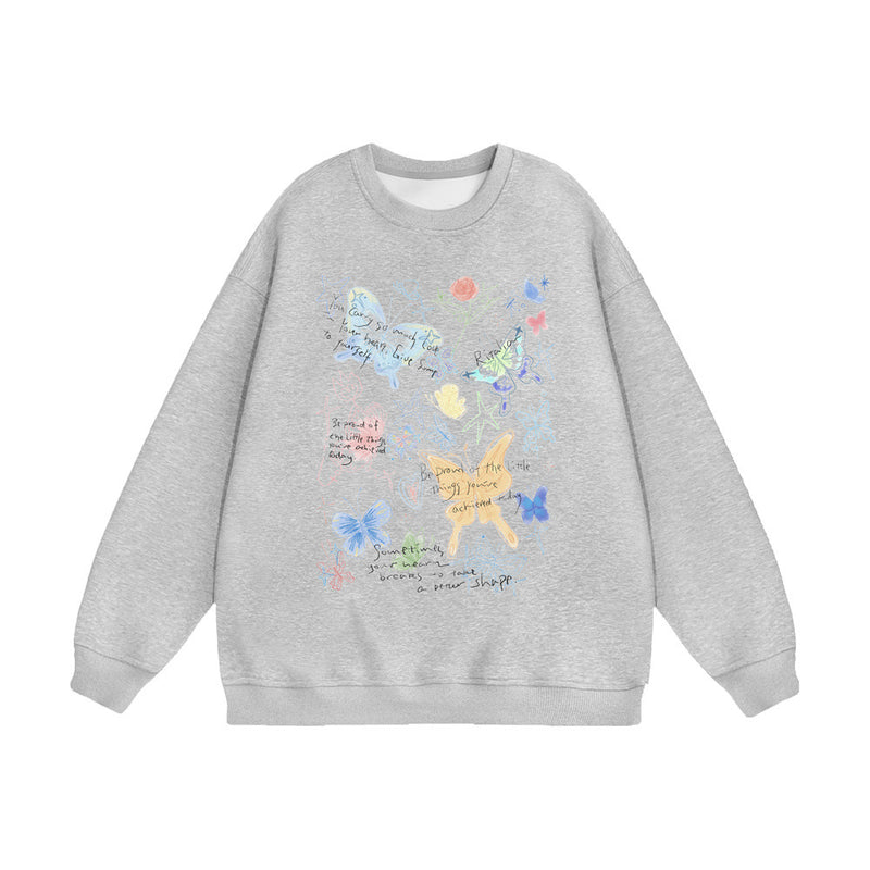 Men Hoodie Butterfly Graffiti Printed Crew Neck Sweatshirt