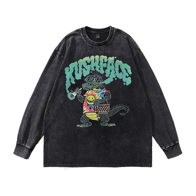 Men Long Sleeve Shirt Vintage Cartoon Printed Washed Long Sleeve Bottoming T-shirt Men and Women Ins