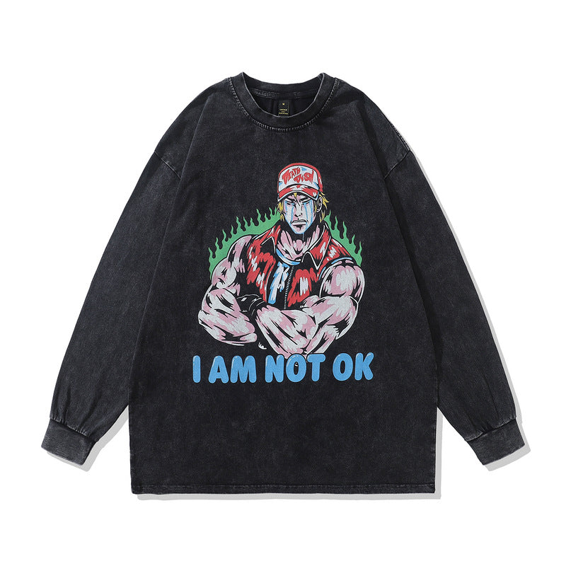 Men Long Sleeve Shirt Washed Sweater Men's Hip-Hop Fashionable Brand Long Sleeve T-shirt Loose