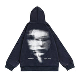 Men Fleece Lined Hoodie Portrait Printing Hooded Cardigan Sweater Men's Washed Distressed Coat