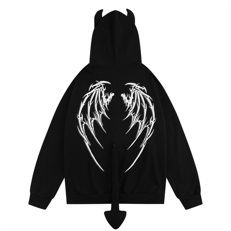 Men Hoodie Devil Horn Hoodie Coat Skeleton Printed Hood Coat Autumn and Winter