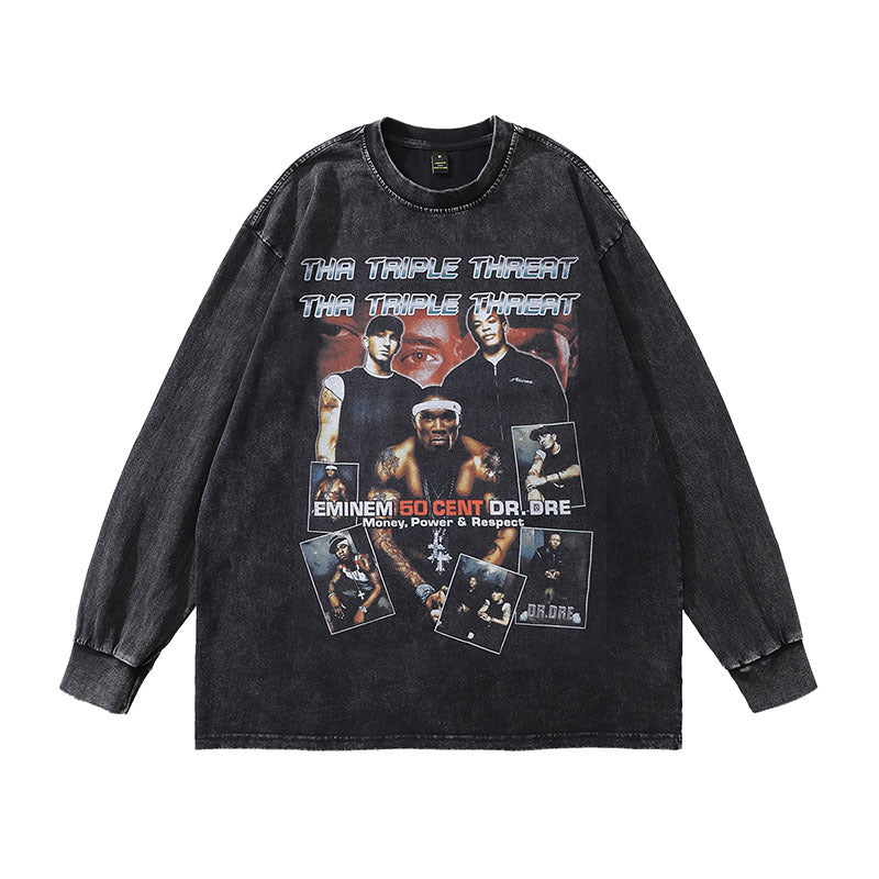 Men Long Sleeve Shirt Figure Washed Distressed Long Sleeve T-shirt Men and Women Hiphop Vintage Loose