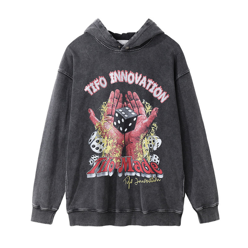 Men Hoodie Flame Print Distressed Washed Hooded Hoodie Pullover Sports Hoodie for Men