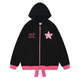 Men Hoodie Two-Way Zipper Hooded Jacket Five-Pointed Star Rope Bow Bandage Sweater