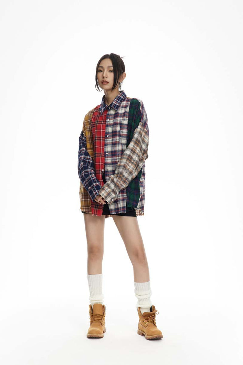 Unisex Jacket Autumn Contrast Color Striped Plaid Shirt
