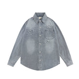 Men Long Sleeve T Shirt Washed and Worn Denim Shirt Jacket Spring and Autumn Men's Embroidery Loose Long Sleeve Shirt