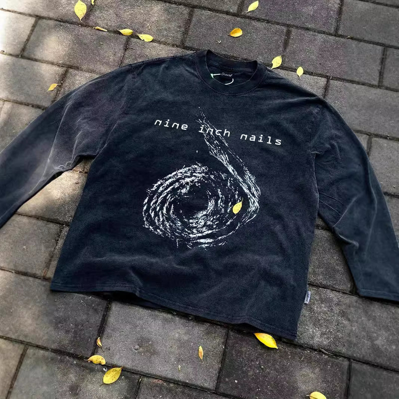 Men T-shirts Vintage retro heavy washed old European and American hip hop men's and women's loose long-sleeved T-shirts