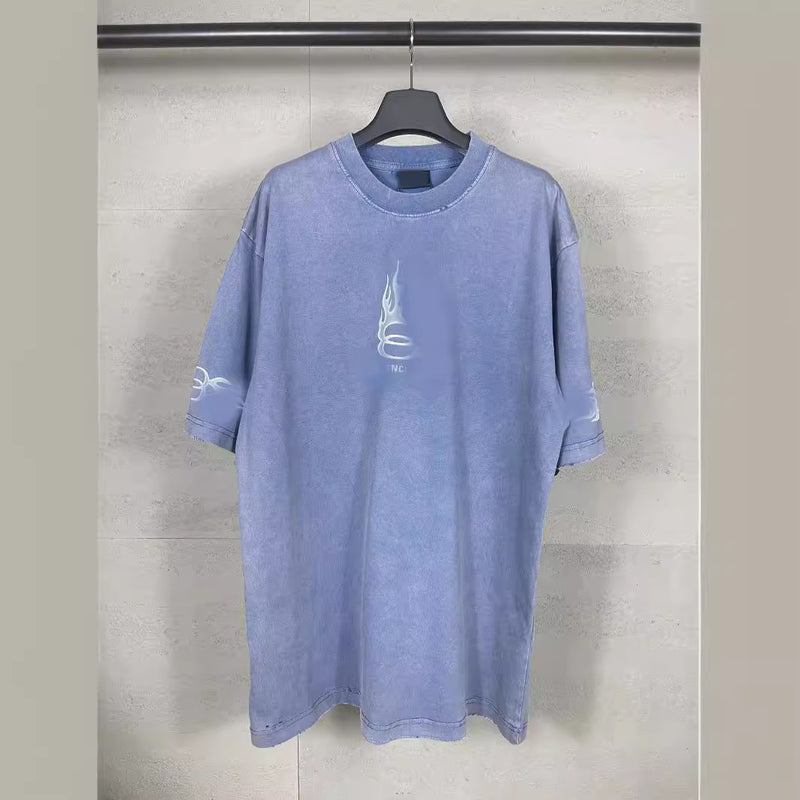 Men T-shirts Double Ring Flame Printing Washed Old Short Sleeve T-Shirts Loose