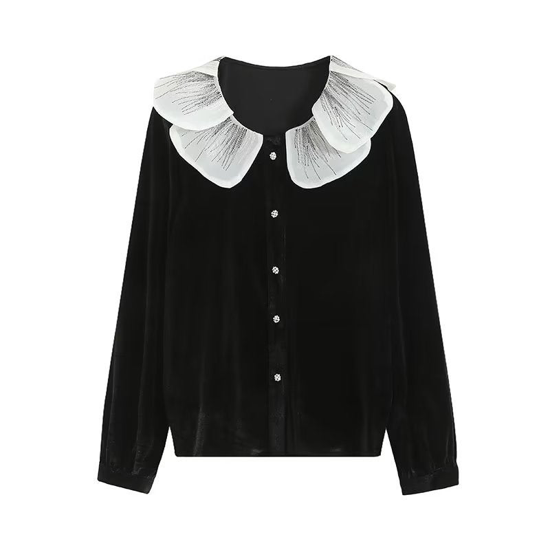 Women T-shirt Vintage Velvet Shirt Women Early Autumn Lace V-neck